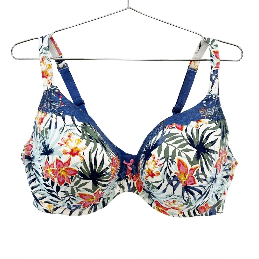 CACIQUE Tropical Floral & Lace Lightly Lined T-shirt Bra • 42DD white blue pink